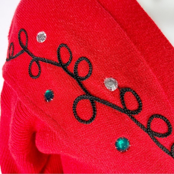 VINTAGE 80s Cable knit open front embroidered crystal studded sweater cardigan - Picture 7 of 9
